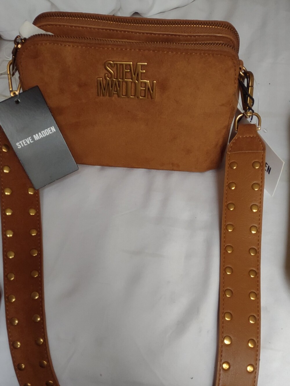 Steve Madden Cognac Suede Crossbody Bag with Studded Strap